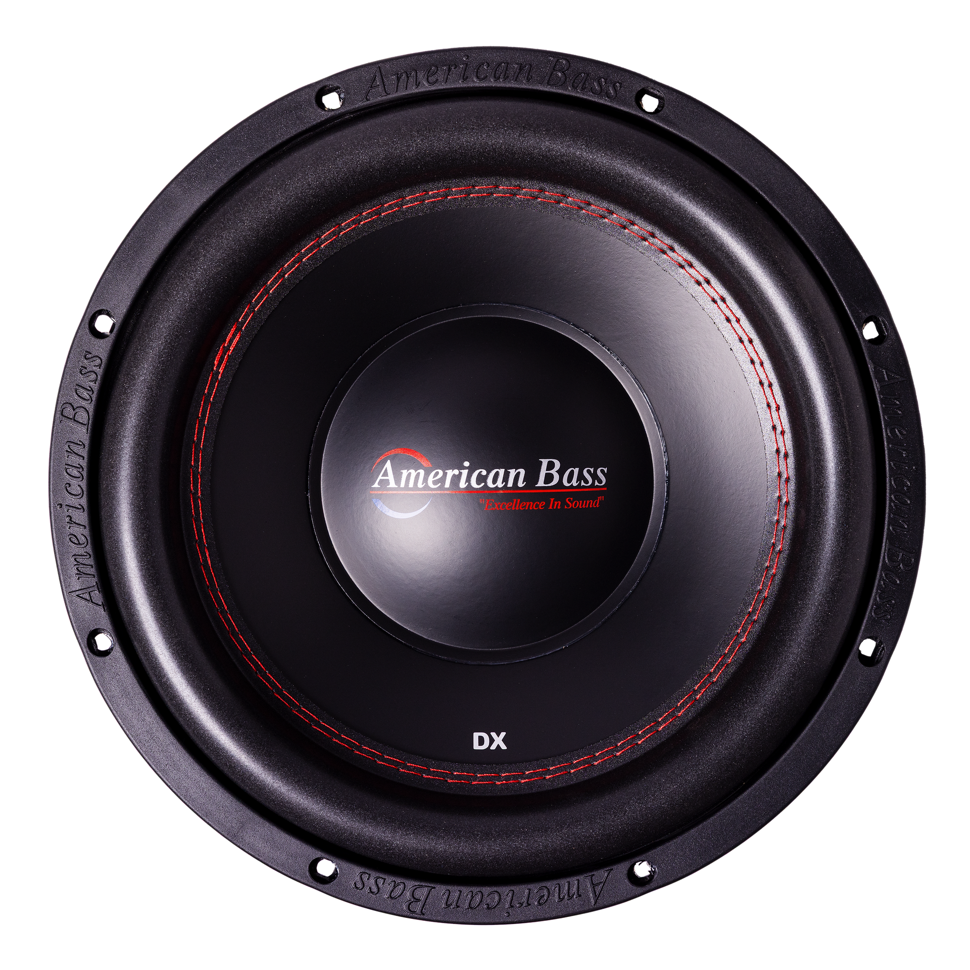 Ground Pound Bundle — 2x DX 12" Subwoofer + VFL Rebel REBEL-3000.1 Amplifier from American Bass Audio, featuring dual black DX 12" subwoofers with striking red stitching, viewed from above. The center displays the American Bass Audio logo and "Excellence in Sound" tagline, with distinctive branding around the edge. Ideal for enthusiasts seeking a powerful upgrade, this bundle combines impressive performance and bold style—perfect for pairing with a monoblock amplifier or upgrading to dual 12" subwoofers.