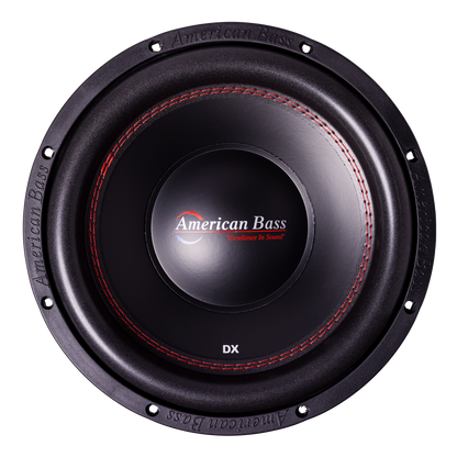Ground Pound Bundle — 2x DX 12" Subwoofer + VFL Rebel REBEL-3000.1 Amplifier from American Bass Audio, featuring dual black DX 12" subwoofers with striking red stitching, viewed from above. The center displays the American Bass Audio logo and "Excellence in Sound" tagline, with distinctive branding around the edge. Ideal for enthusiasts seeking a powerful upgrade, this bundle combines impressive performance and bold style—perfect for pairing with a monoblock amplifier or upgrading to dual 12" subwoofers.