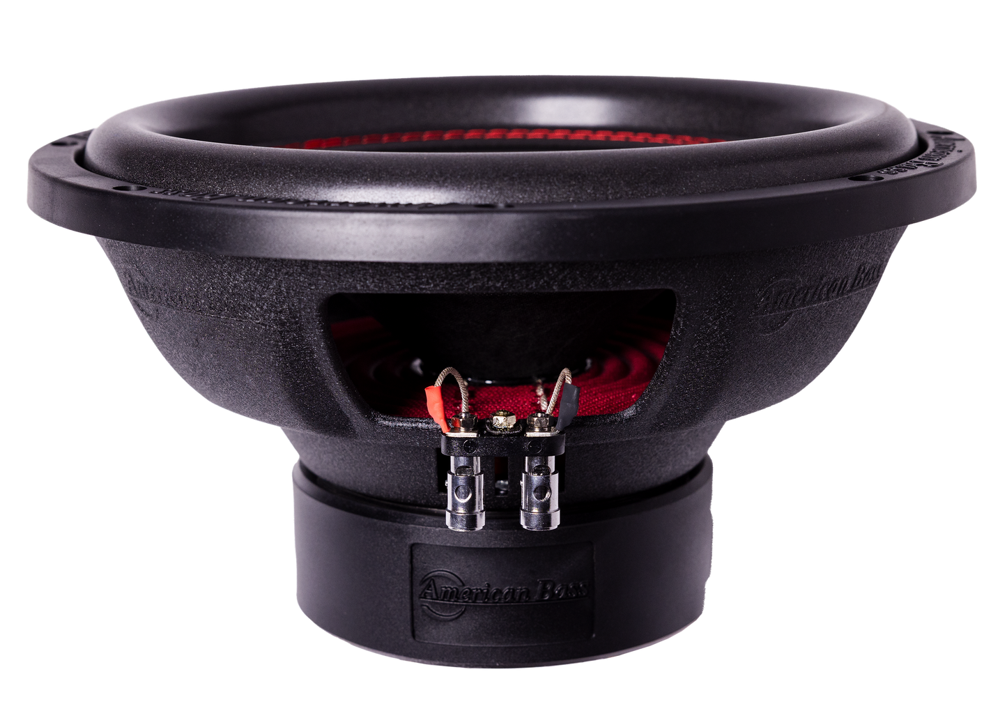 A close-up of an American Bass Audio DX 12" subwoofer from the Ground Pound Bundle, featuring striking red accents on its cone, surround, and terminal connections against a white background—an ideal match for pairing with another DX 12" subwoofer and the VFL Rebel REBEL-3000.1 amplifier.