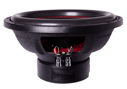 A close-up of an American Bass Audio DX 12" subwoofer from the Ground Pound Bundle, featuring striking red accents on its cone, surround, and terminal connections against a white background—an ideal match for pairing with another DX 12" subwoofer and the VFL Rebel REBEL-3000.1 amplifier.