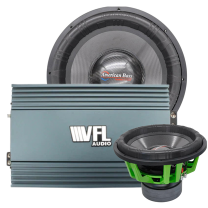 Three car audio components—the round American Bass Audio Godzilla 18″ subwoofer, the rectangular VFL Rebel REBEL-8000.1 amplifier in front, and a smaller green-rimmed subwoofer—are all arranged against a white background, showcasing the power and precision of the Monster Bass Bundle from American Bass Audio.