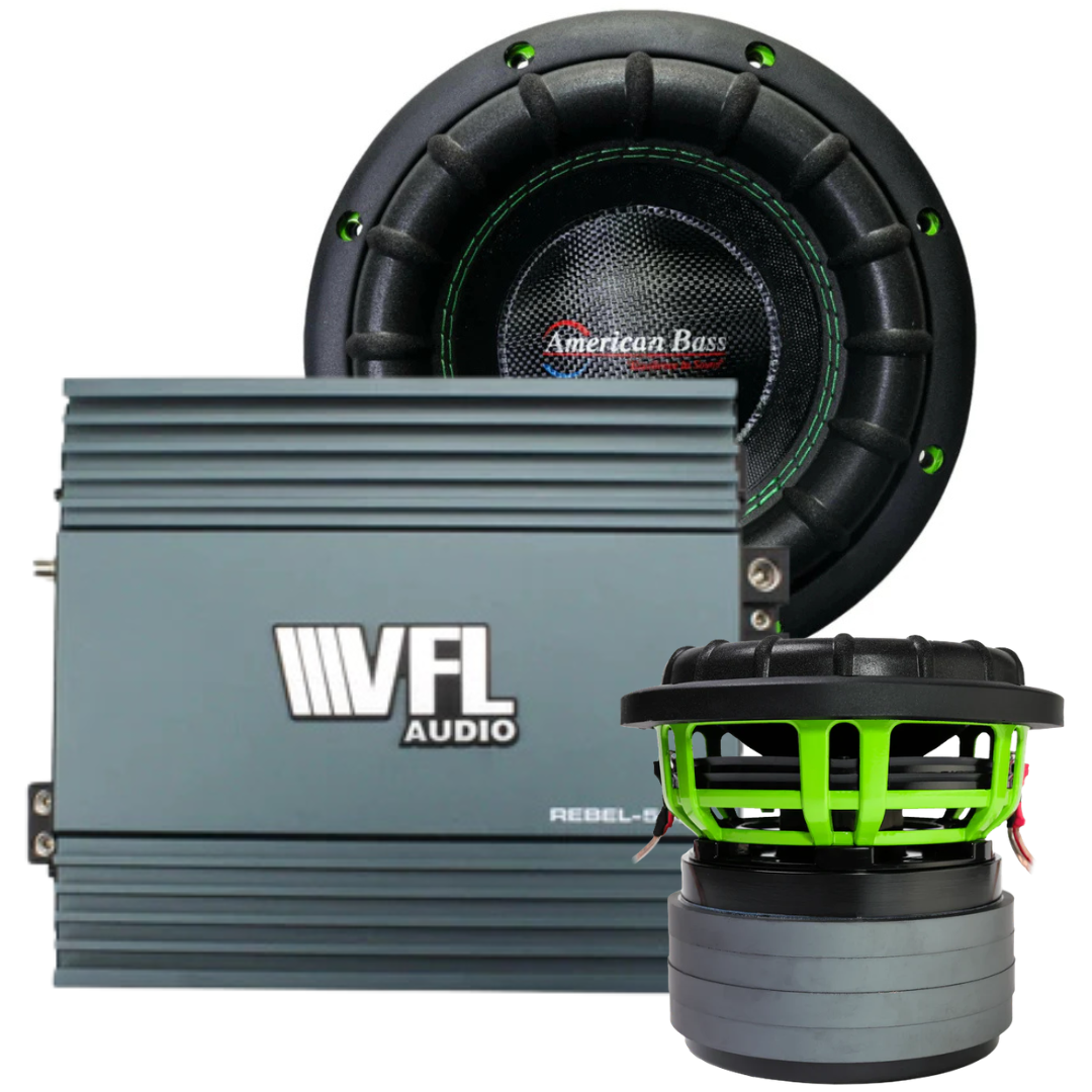 The Monster Bass Bundle from American Bass Audio—which includes two Godzilla 8″ subwoofers and a VFL Rebel REBEL-5000.1 amplifier—is displayed together against a white background.