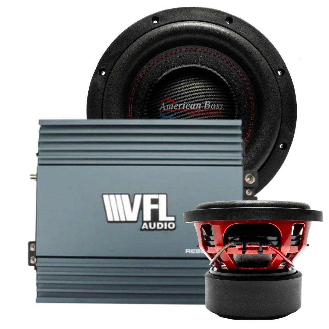 The American Bass Audio Big Bass Bundle features two HAWK 10″ subwoofers—one displayed front-facing and the other highlighting its side and back design—paired with the powerful VFL Rebel REBEL-5000.1 amplifier, making it the ideal setup for your next custom audio build.