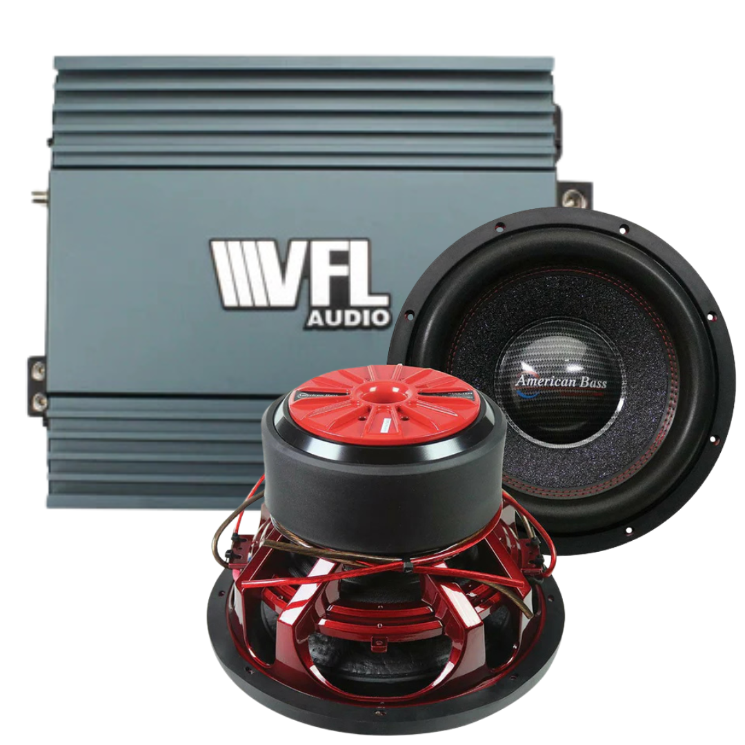 The Big Bass Bundle from American Bass Audio features two powerful HAWK 12″ subwoofers—each showcasing a bold red frame and magnet assembly—and a sleek gray VFL Rebel REBEL-5000.1 amplifier for an impressive car audio experience.
