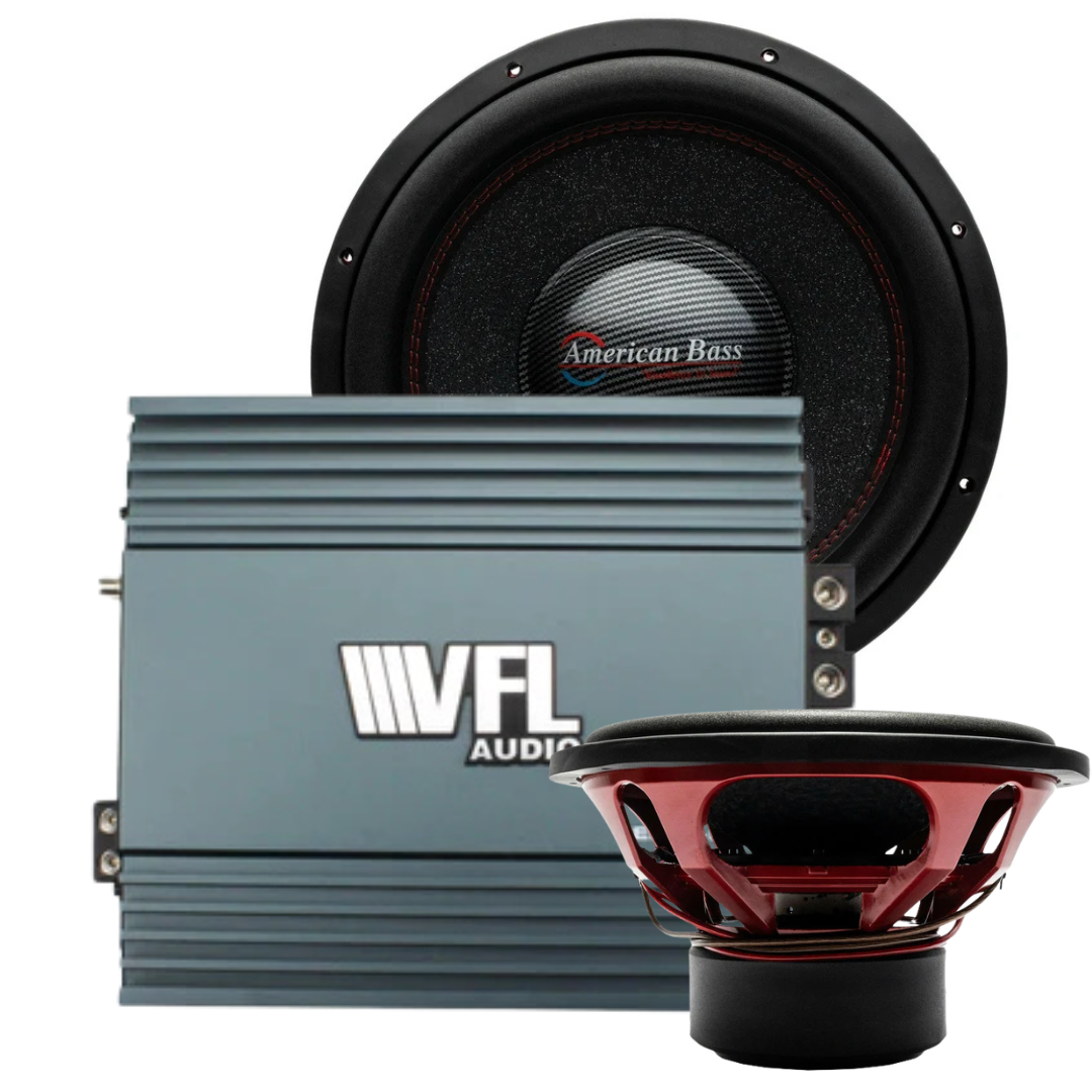 The American Bass Audio Big Bass Bundle — featuring two HAWK 15″ subwoofers and a VFL Rebel REBEL-5000.1 amplifier — is displayed against a white background, delivering powerful sound for serious audio enthusiasts.
