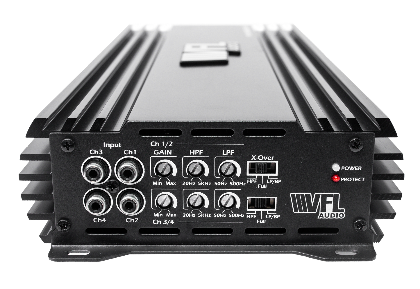 A close-up of the VFL Audio Hybrid 275.4 Class D High Performance Multichannel Amplifier highlights input ports, adjustment knobs for gain, HPF, LPF, a crossover switch, and power/protect indicator lights on the right for premium sound control.