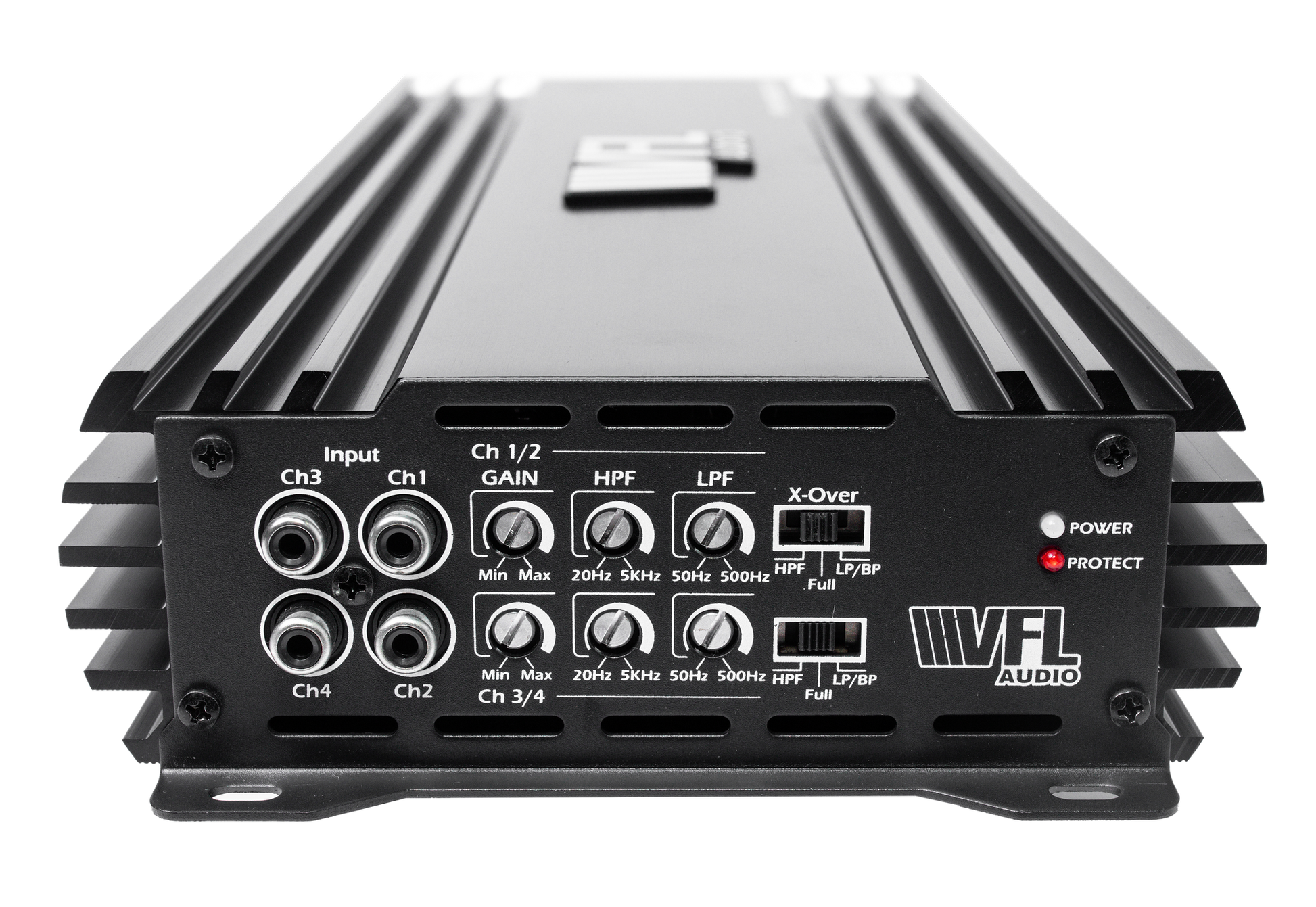 A close-up of the VFL Audio Hybrid 275.4 Class D High Performance Multichannel Amplifier highlights input ports, adjustment knobs for gain, HPF, LPF, a crossover switch, and power/protect indicator lights on the right for premium sound control.