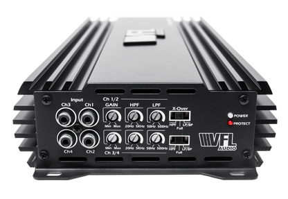 A close-up of the VFL Audio Hybrid 275.4 Class D High Performance Multichannel Amplifier highlights input ports, adjustment knobs for gain, HPF, LPF, a crossover switch, and power/protect indicator lights on the right for premium sound control.