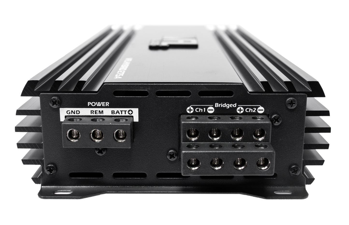 Close-up of the VFL Audio Hybrid 275.4 Class D High Performance Multichannel Amplifier's rear panel, showing labeled power and speaker terminals (GND, REM, BATT, Ch1, Ch2, Bridged) and side heat sink fins. Brand: VFL.