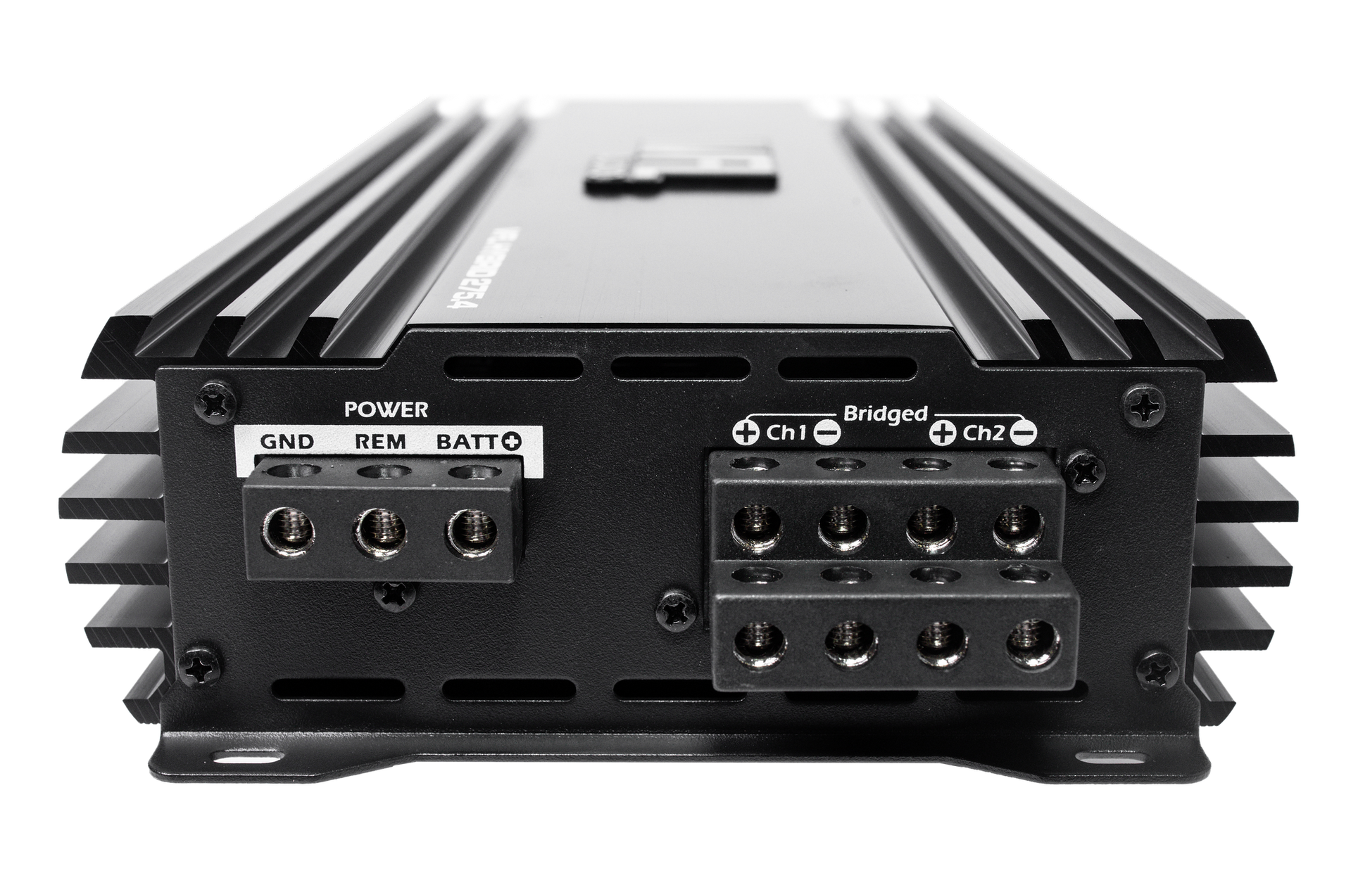 Close-up of the VFL Audio Hybrid 275.4 Class D High Performance Multichannel Amplifier's rear panel, showing labeled power and speaker terminals (GND, REM, BATT, Ch1, Ch2, Bridged) and side heat sink fins. Brand: VFL.