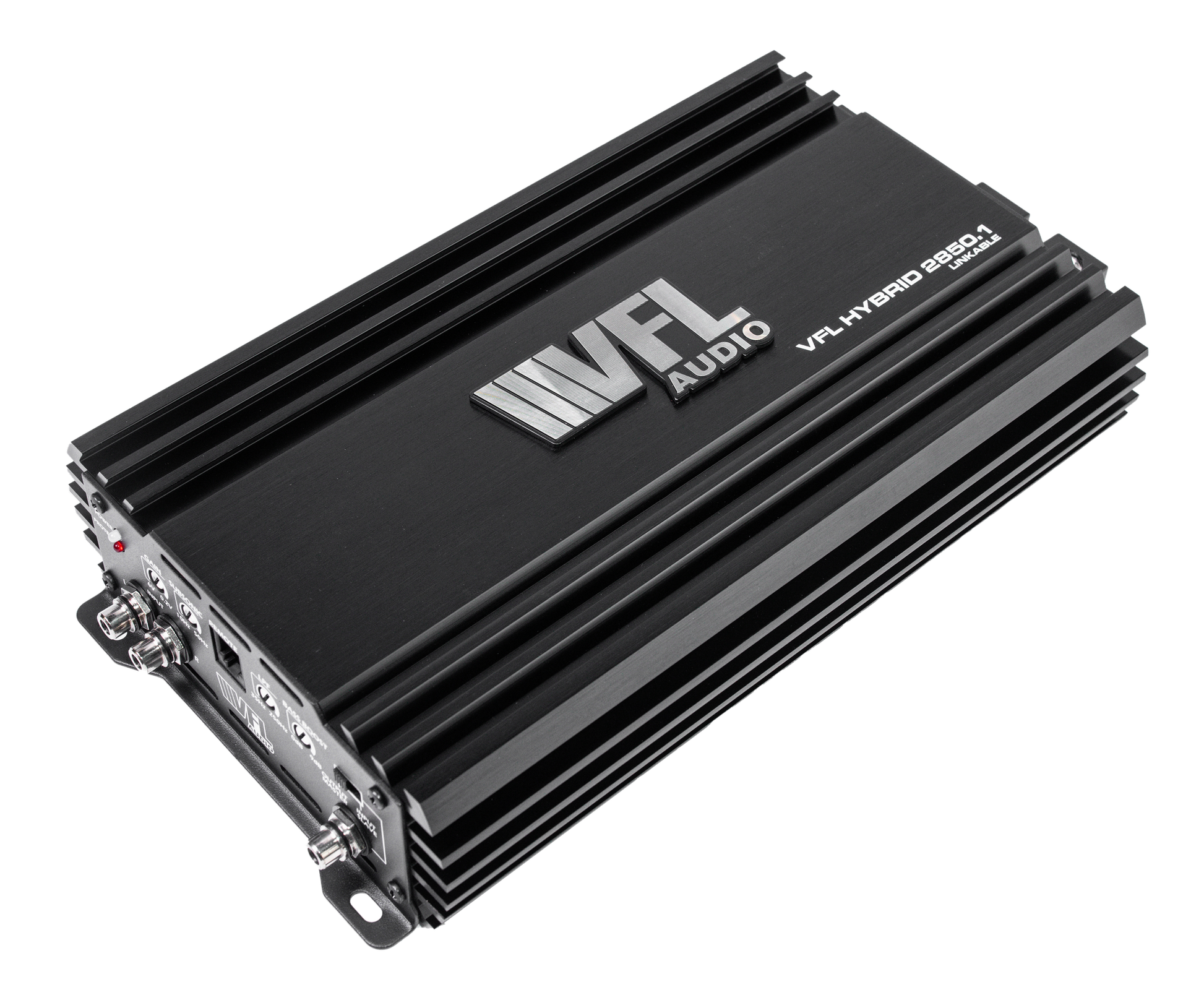 A black VFL Hybrid 2850.1 Class D High Performance Digital Monoblock Amplifier with a finned metal casing and silver logo, shown from an angled top view on a white background—ideal for enhancing your car audio system.