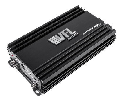 A black VFL Hybrid 2850.1 Class D High Performance Digital Monoblock Amplifier with a finned metal casing and silver logo, shown from an angled top view on a white background—ideal for enhancing your car audio system.