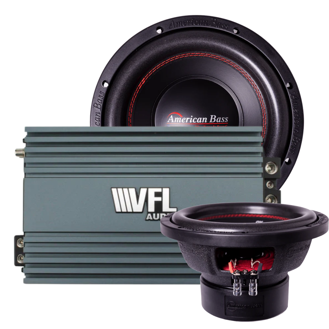 The American Bass Audio Ground Pound Bundle — featuring two XO 10″ subwoofers with red accents and the VFL Rebel REBEL-3000.1 gray monoblock amplifier — is displayed against a white background, creating a powerful dual 10″ subwoofer setup.