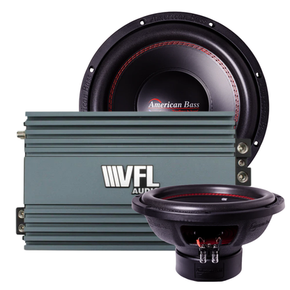 The Ground Pound Bundle by American Bass Audio, featuring two XO 12″ subwoofers with black cones and red stitching, is shown alongside the VFL Rebel REBEL-3000.1 monoblock amplifier—a rectangular gray unit positioned beside and slightly behind the subwoofers.