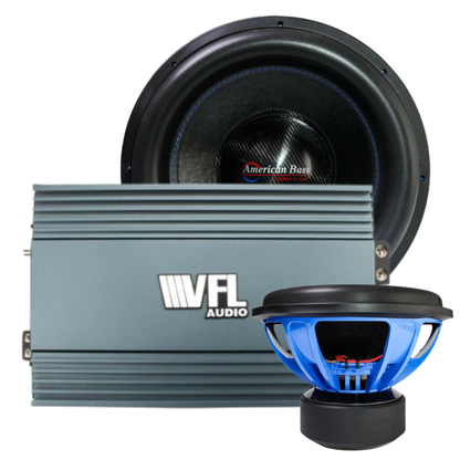 Two American Bass Audio XMAXXX Monster 18″ subwoofers and a VFL REBEL-8000.1 monoblock amplifier—the Monster Bass Bundle—are arranged on a white background, showcasing black-coned and blue-backed subwoofers with visible magnet assemblies, perfect for SPL builds.