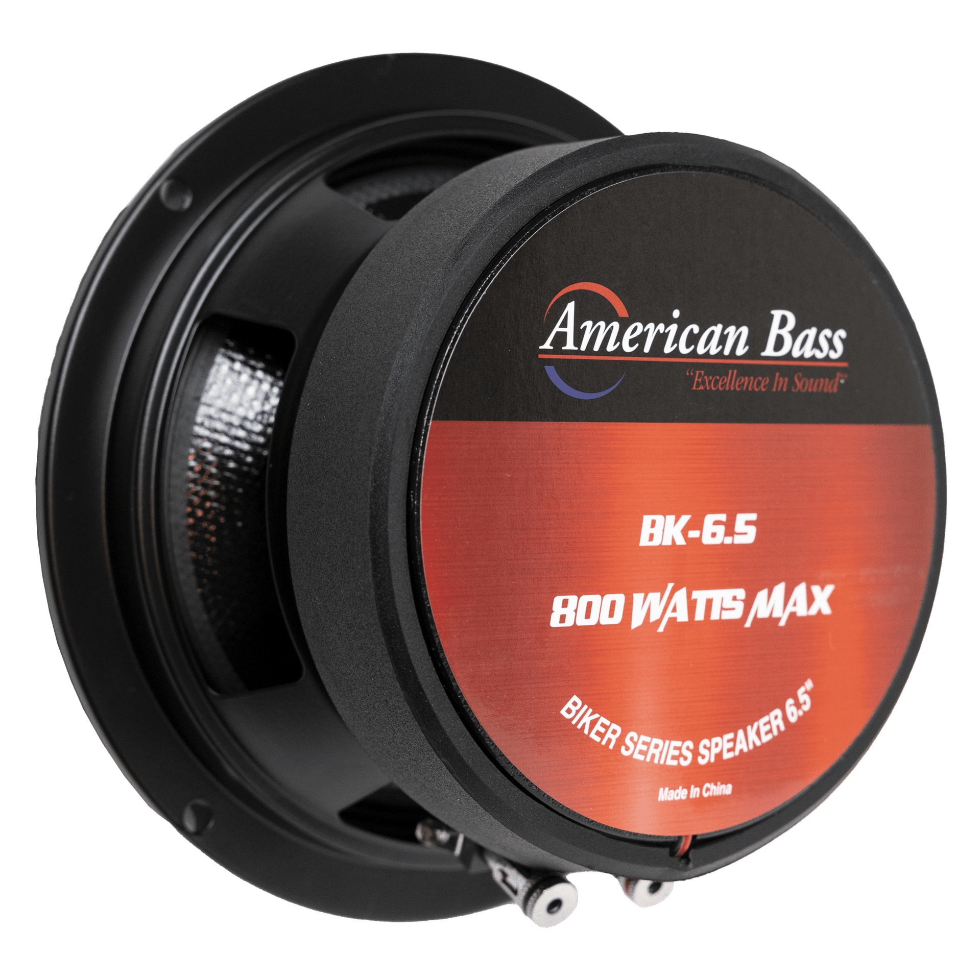 Close-up of the American Bass Audio Biker Series 6.5" Midrange Speaker showing the red dome, carbon fiber cone, and American Bass 'Excellence in Sound' logo.