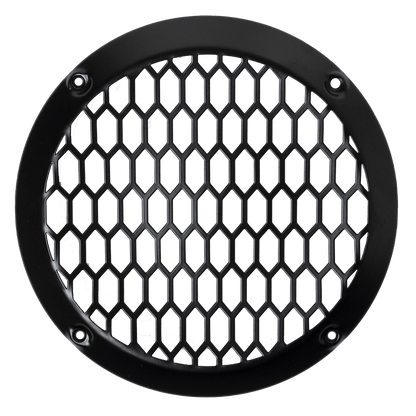 Round black hexagonal mesh grille for the American Bass Audio Biker Series 6.5" Midrange Speaker — honeycomb pattern with four-screw mounting.