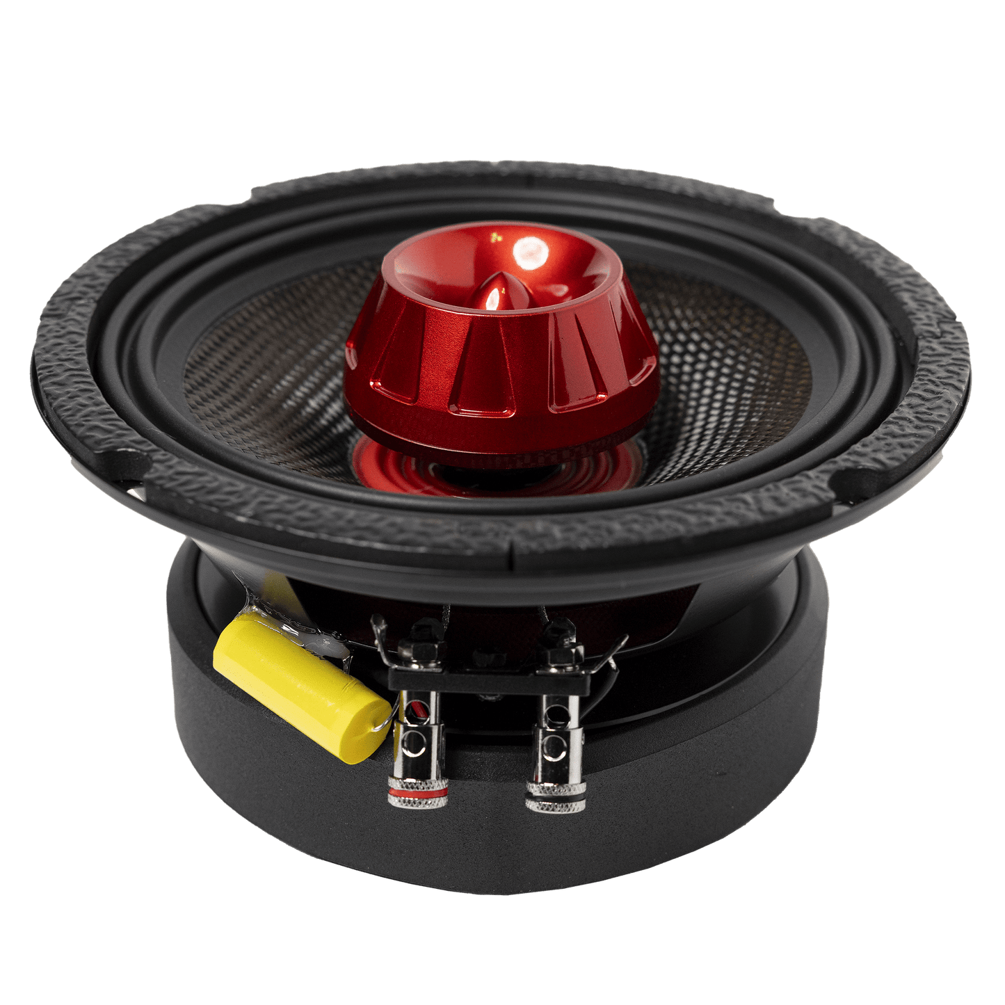 Rear view of the American Bass Audio Biker Series 6.5" Midrange Speaker (400W) showing the speaker terminals and ferrite motor structure.
