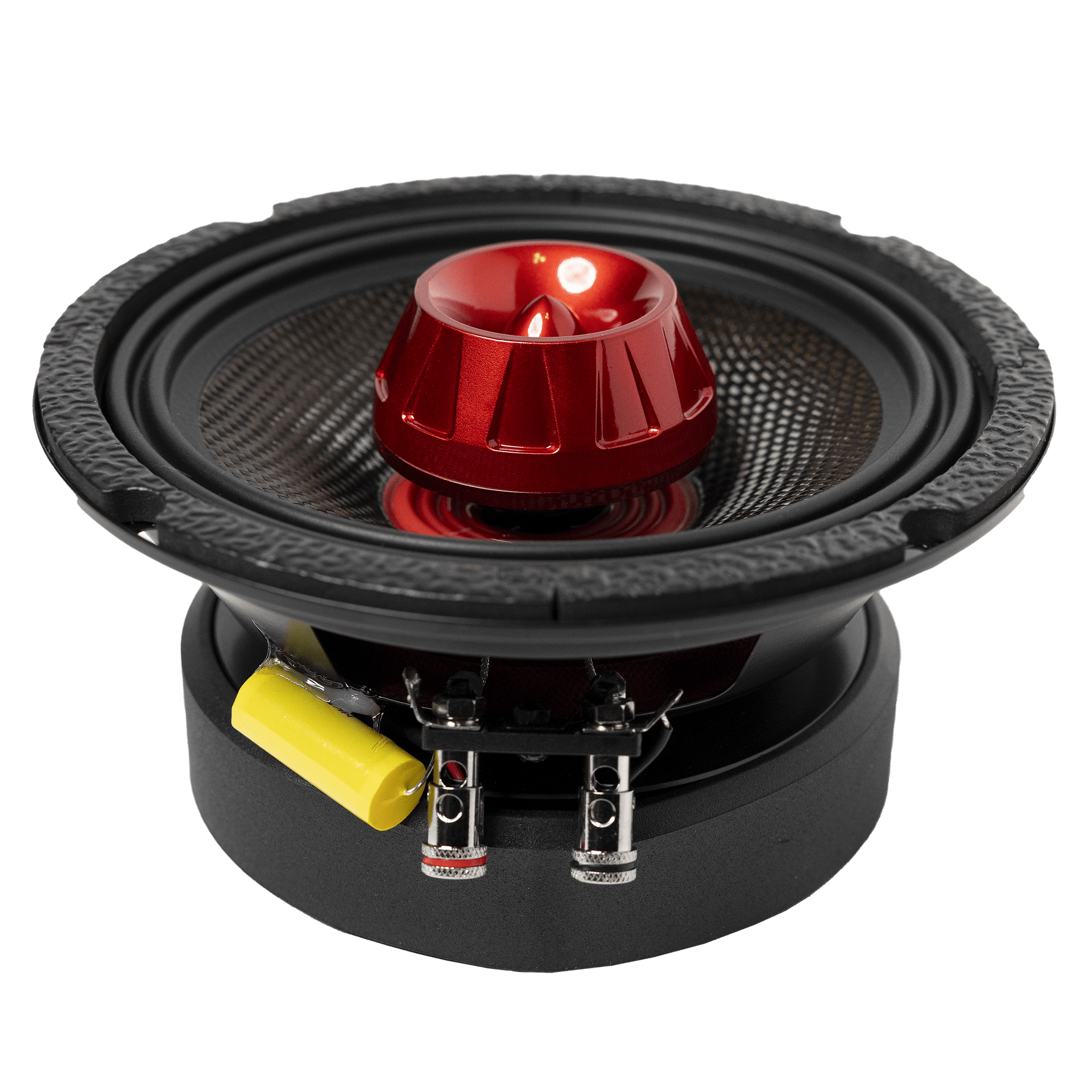 Rear view of the American Bass Audio Biker Series 6.5" Midrange Speaker (400W) showing the speaker terminals and ferrite motor structure.