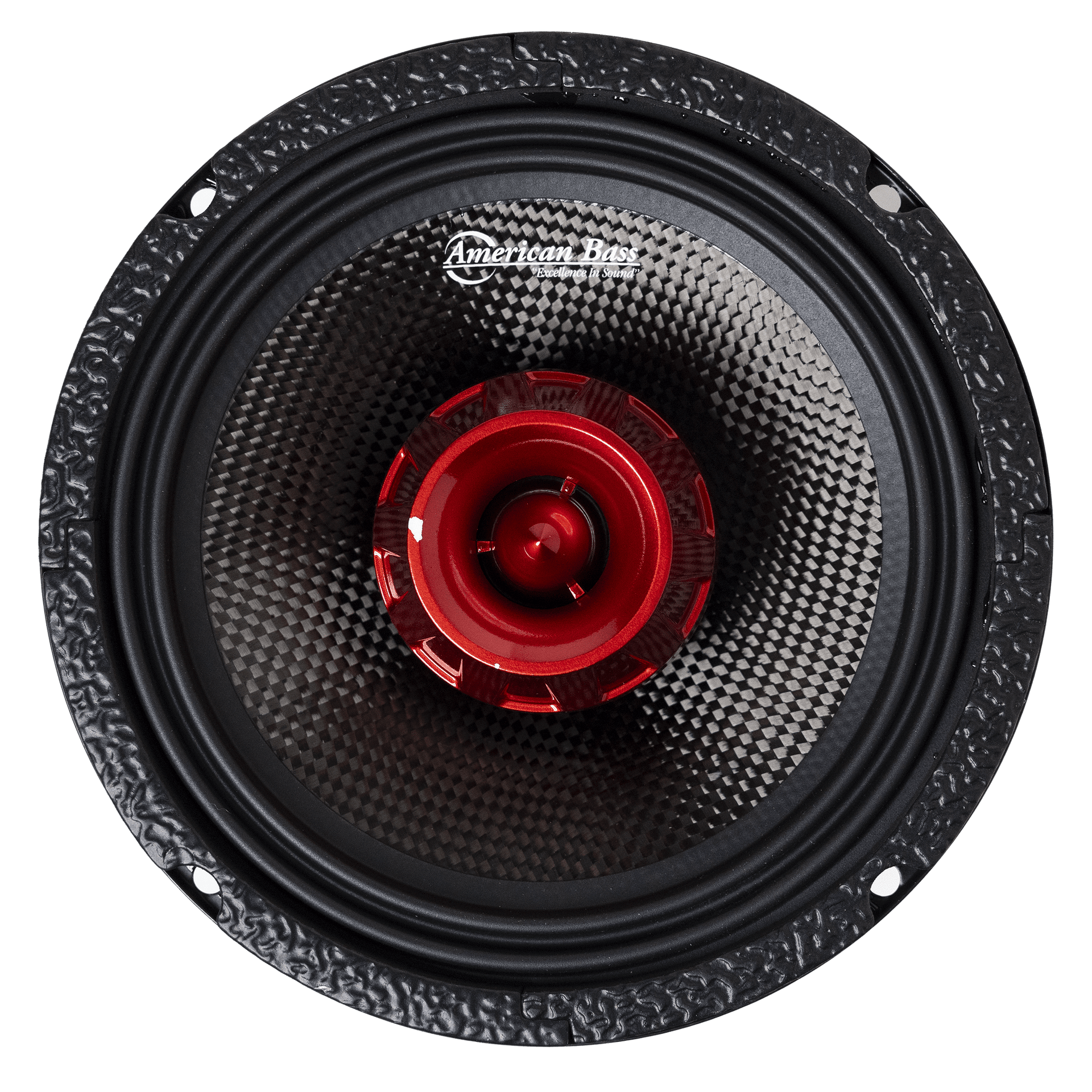 Biker Series 6.5" Midrange Speaker by American Bass Audio (400W RMS) shown in black and red against a white background — built for bagger lids and saddlebag installs.