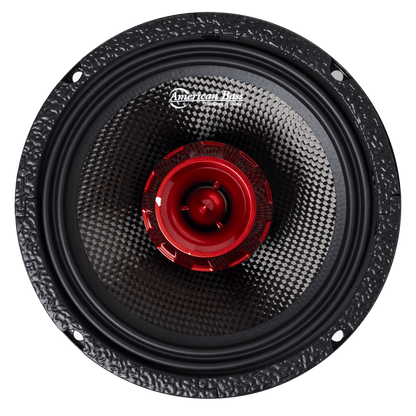 Biker Series 6.5" Midrange Speaker by American Bass Audio (400W RMS) shown in black and red against a white background — built for bagger lids and saddlebag installs.