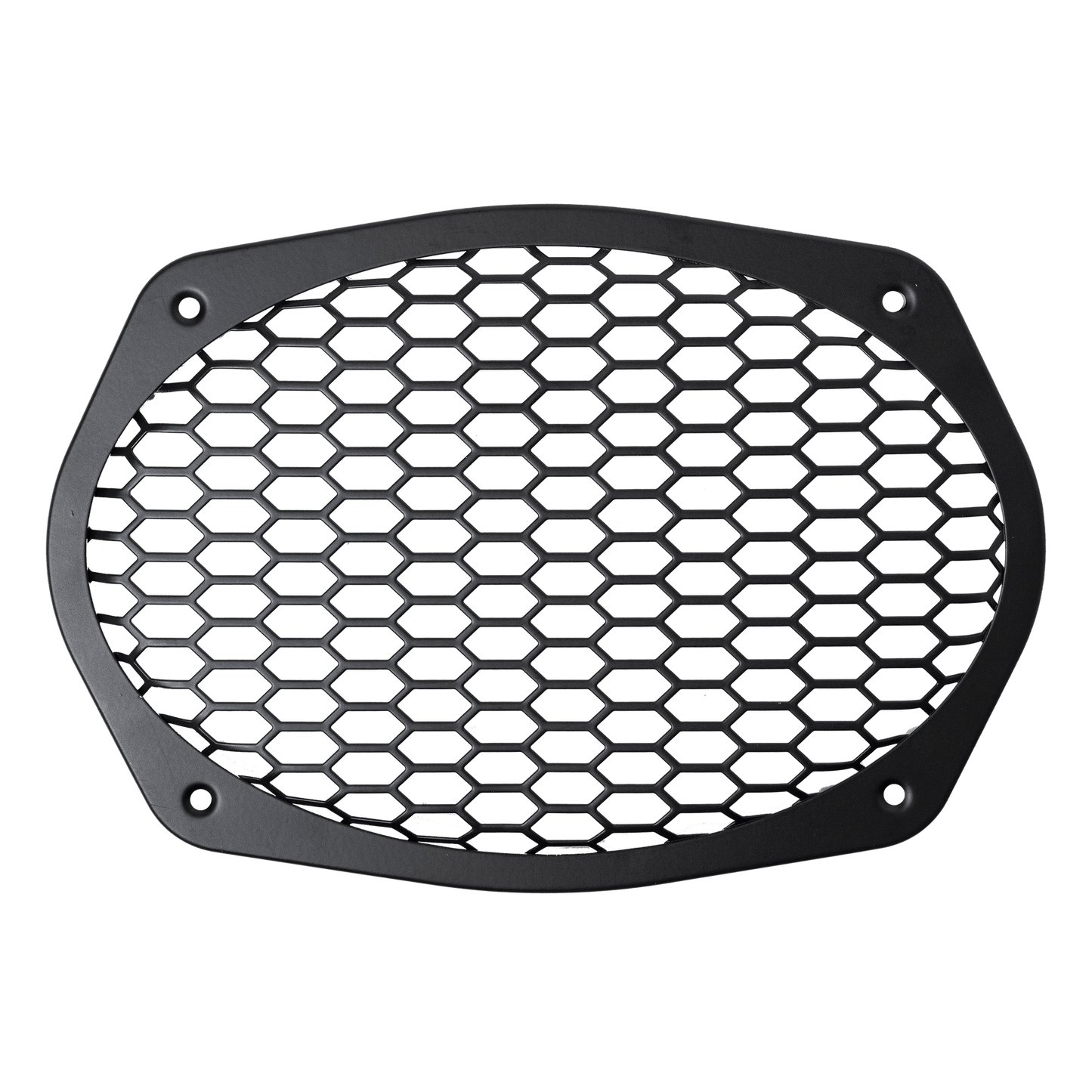Oval black hexagonal mesh grille for the American Bass Audio Biker Series 6x9 Midrange Speaker — honeycomb pattern with multi-point mounting.