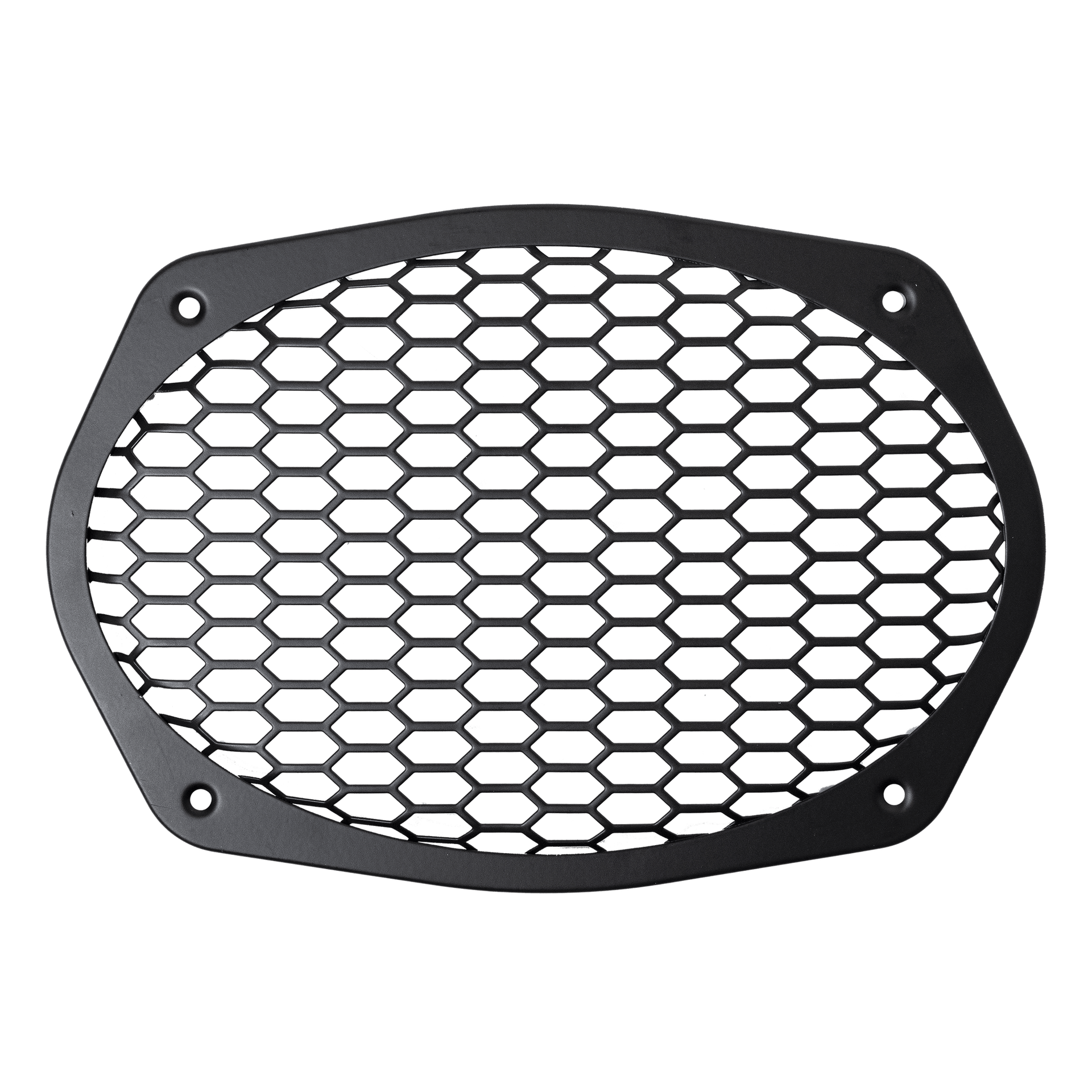 Oval black hexagonal mesh grille for the American Bass Audio Biker Series 6x9 Midrange Speaker — honeycomb pattern with multi-point mounting.