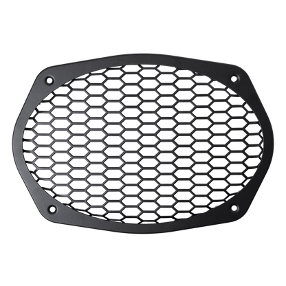 Oval black hexagonal mesh grille for the American Bass Audio Biker Series 6x9 Midrange Speaker — honeycomb pattern with multi-point mounting.