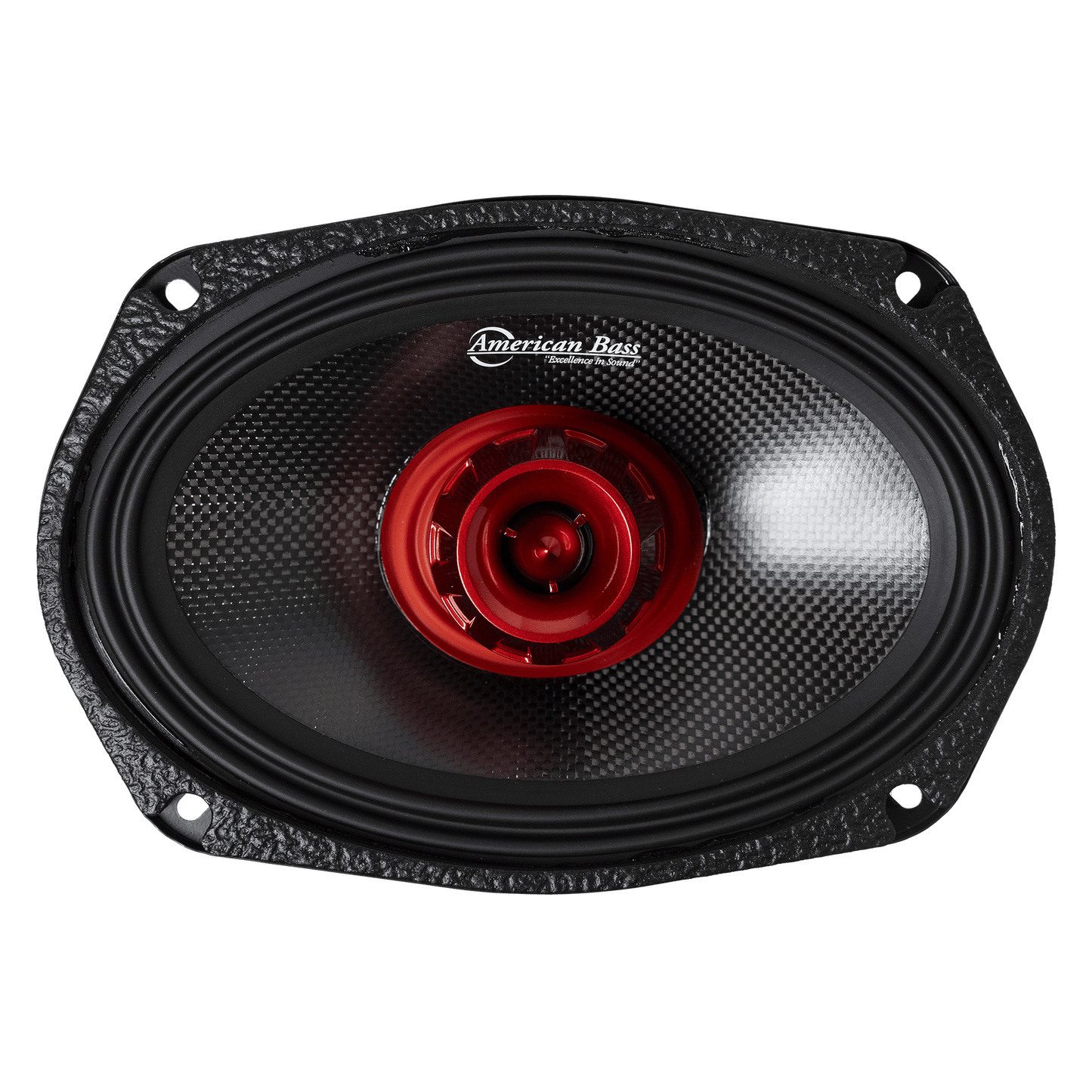 Top-down view of the American Bass Audio Biker Series 6x9 Midrange Speaker — carbon fiber cone, red center, oval mounting frame with screw holes.