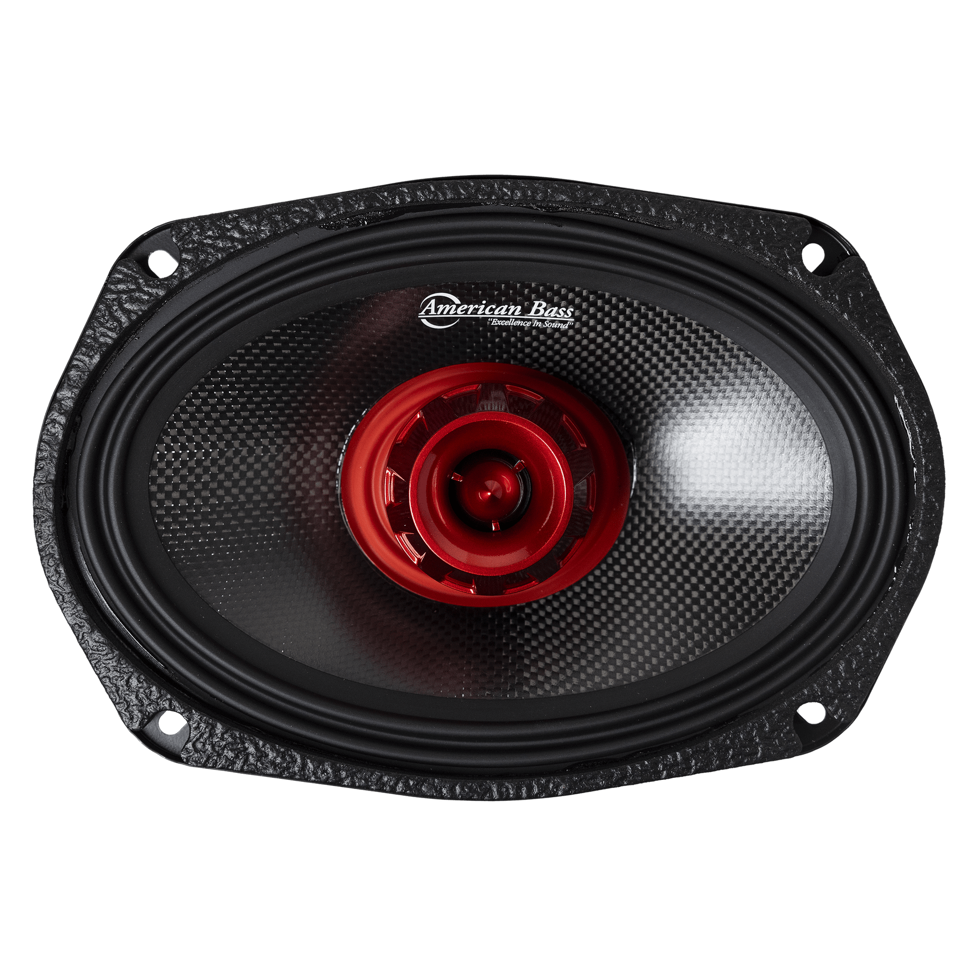Top-down view of the American Bass Audio Biker Series 6x9 Midrange Speaker — carbon fiber cone, red center, oval mounting frame with screw holes.