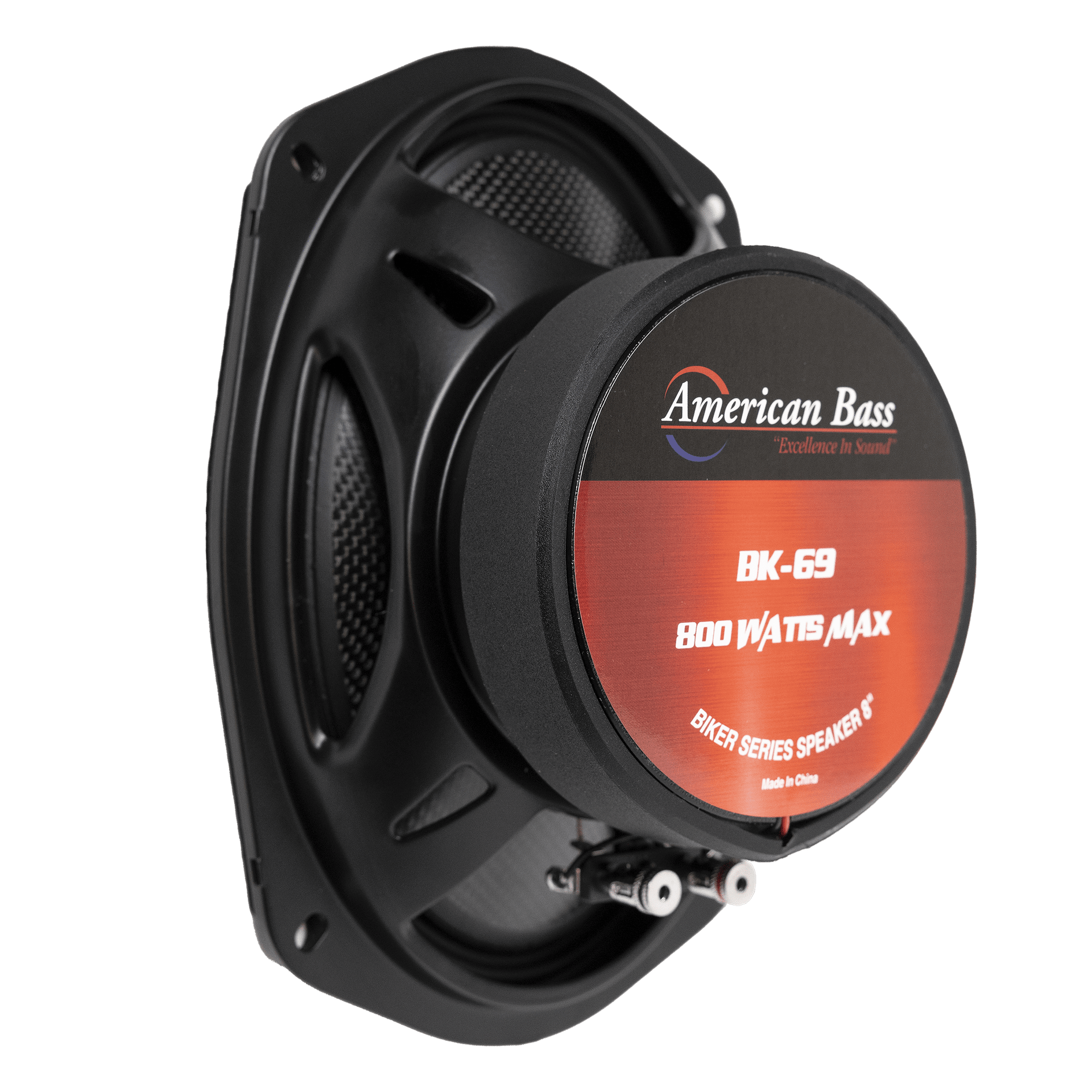 Biker Series 6x9 Midrange Speaker by American Bass Audio (400W RMS, 96.5 dB) shown in black and red against a white background — built for fairing lowers and trunk pods.