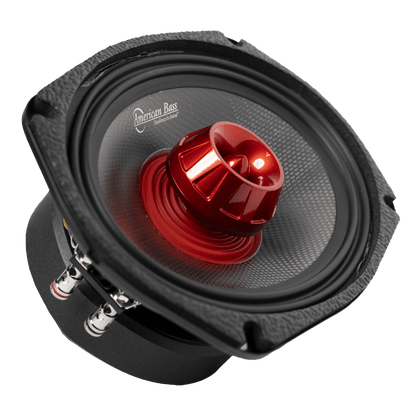 American Bass Audio Biker Series 6x9 Midrange Speaker (400W) front view — carbon fiber cone with red center dome, designed for motorcycle 6x9 enclosures and bag lids.