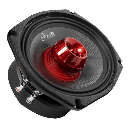 American Bass Audio Biker Series 6x9 Midrange Speaker (400W) front view — carbon fiber cone with red center dome, designed for motorcycle 6x9 enclosures and bag lids.
