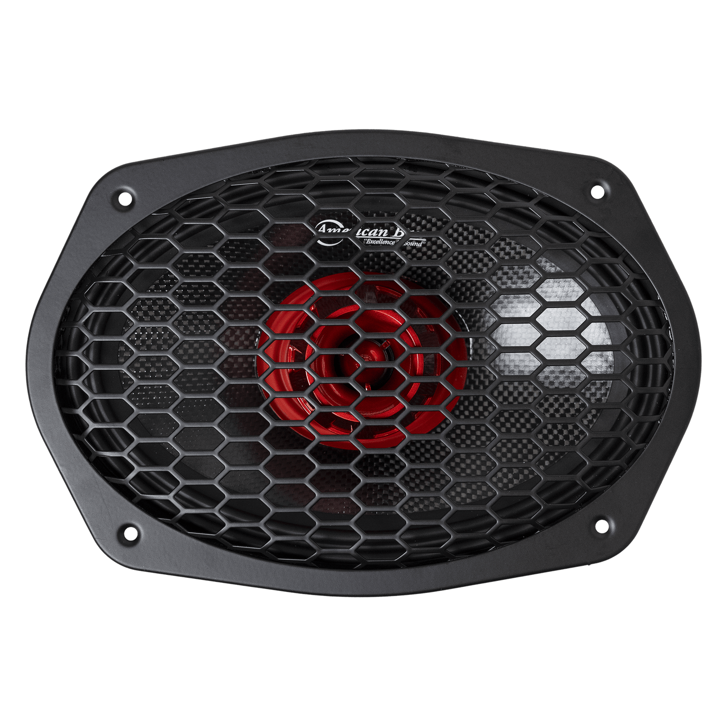 American Bass Audio Biker Series 6x9 Midrange Speaker with oval mesh grille installed — designed for fairing lowers, bag lids, and trunk pods.