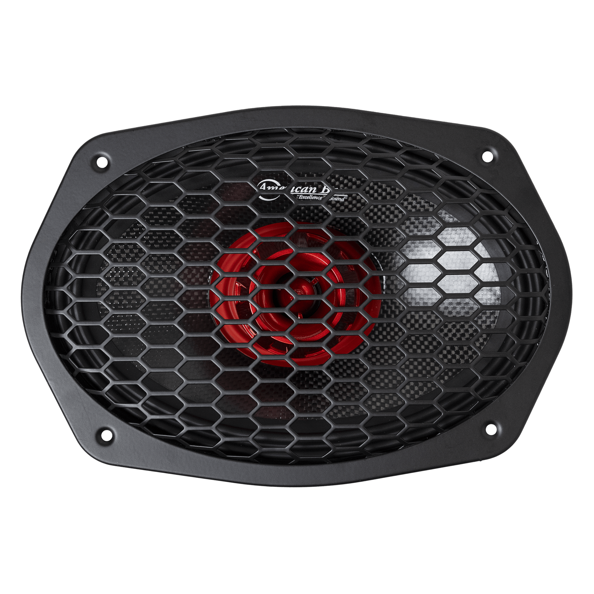 American Bass Audio Biker Series 6x9 Midrange Speaker with oval mesh grille installed — designed for fairing lowers, bag lids, and trunk pods.