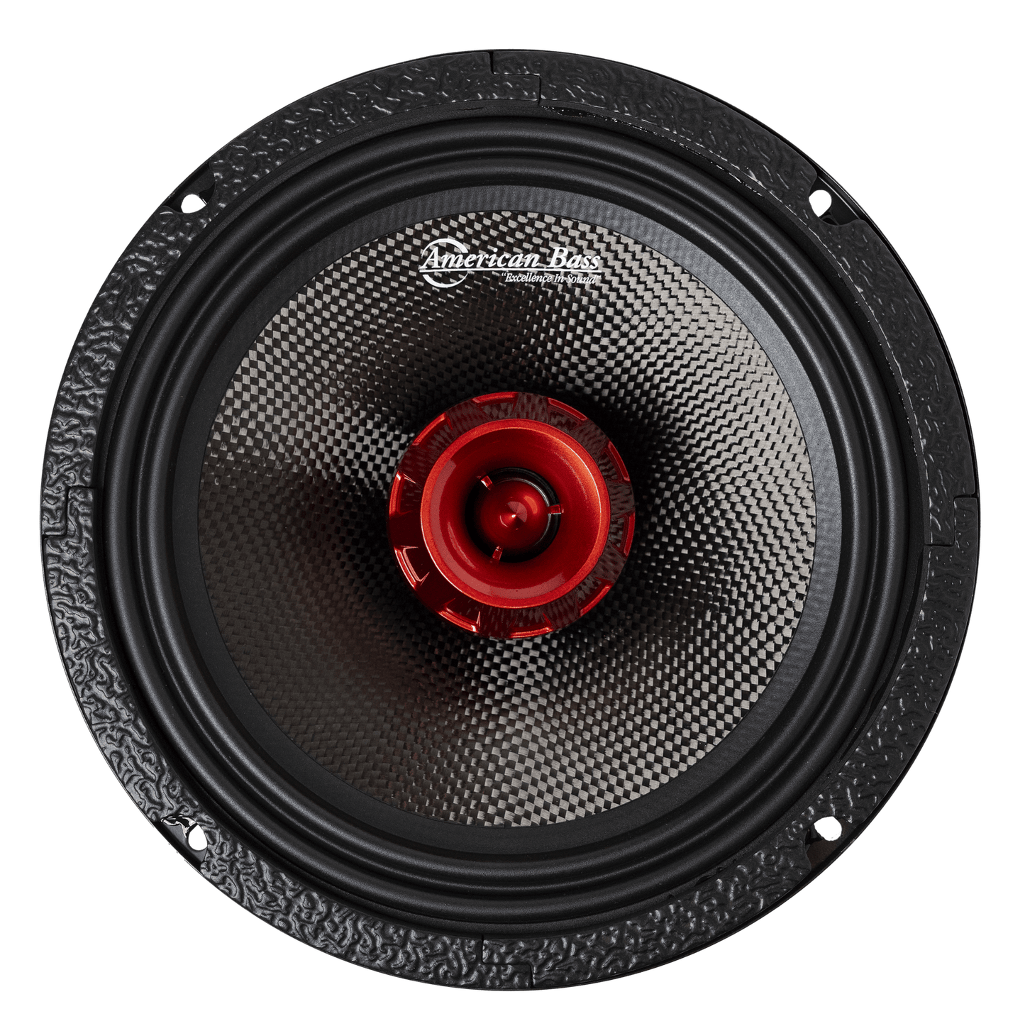 Close-up of the American Bass Audio Biker Series 8" Midrange Speaker (400 Watts) featuring a textured black cone, red center, metallic outer ring with four mounting holes, and the American Bass logo.