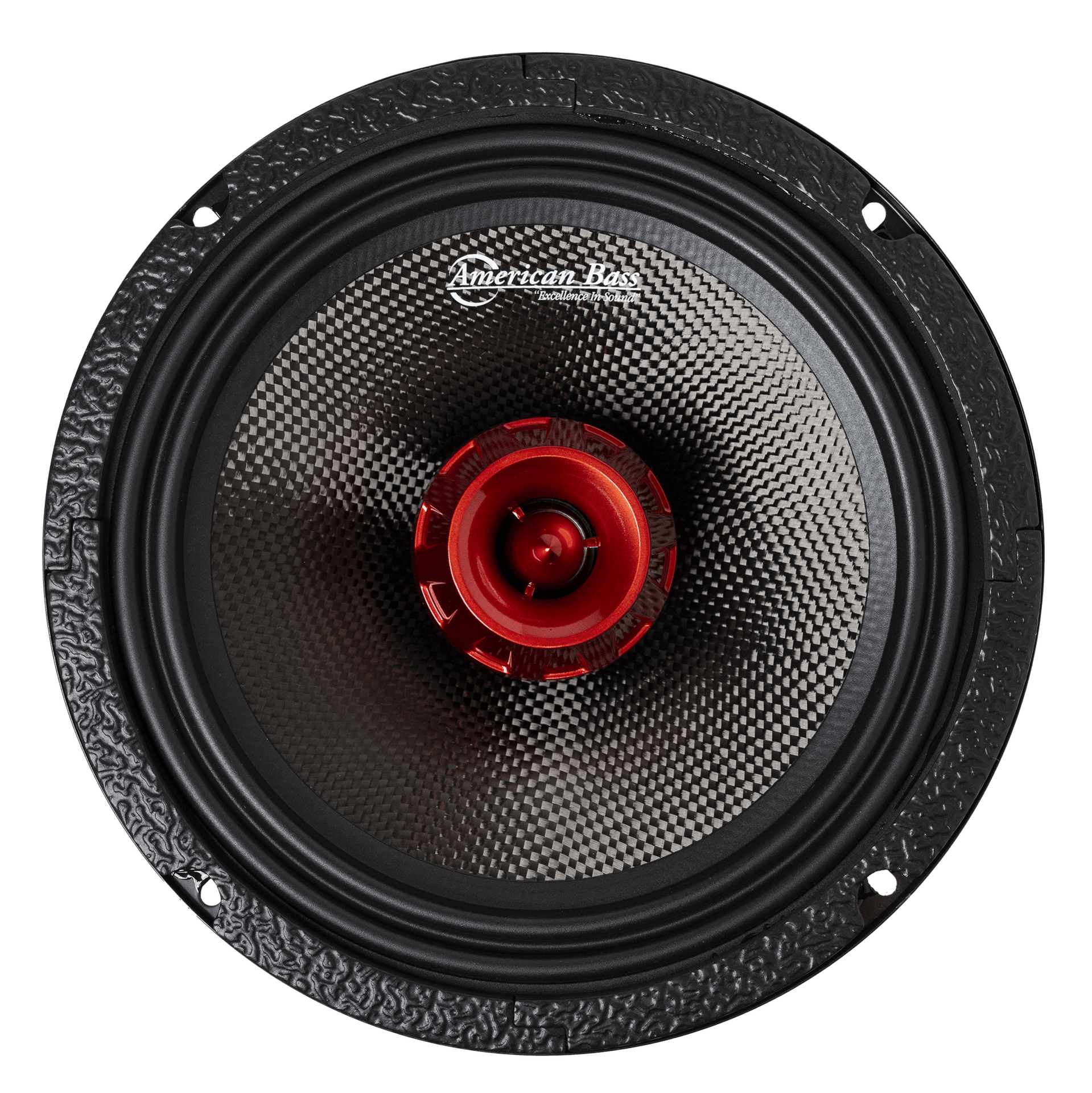 Close-up of the American Bass Audio Biker Series 8" Midrange Speaker (400 Watts) featuring a textured black cone, red center, metallic outer ring with four mounting holes, and the American Bass logo.