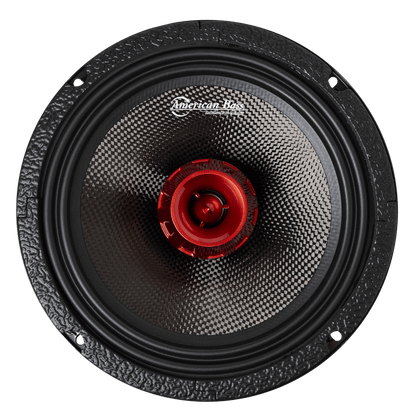Close-up of the American Bass Audio Biker Series 8" Midrange Speaker (400 Watts) featuring a textured black cone, red center, metallic outer ring with four mounting holes, and the American Bass logo.