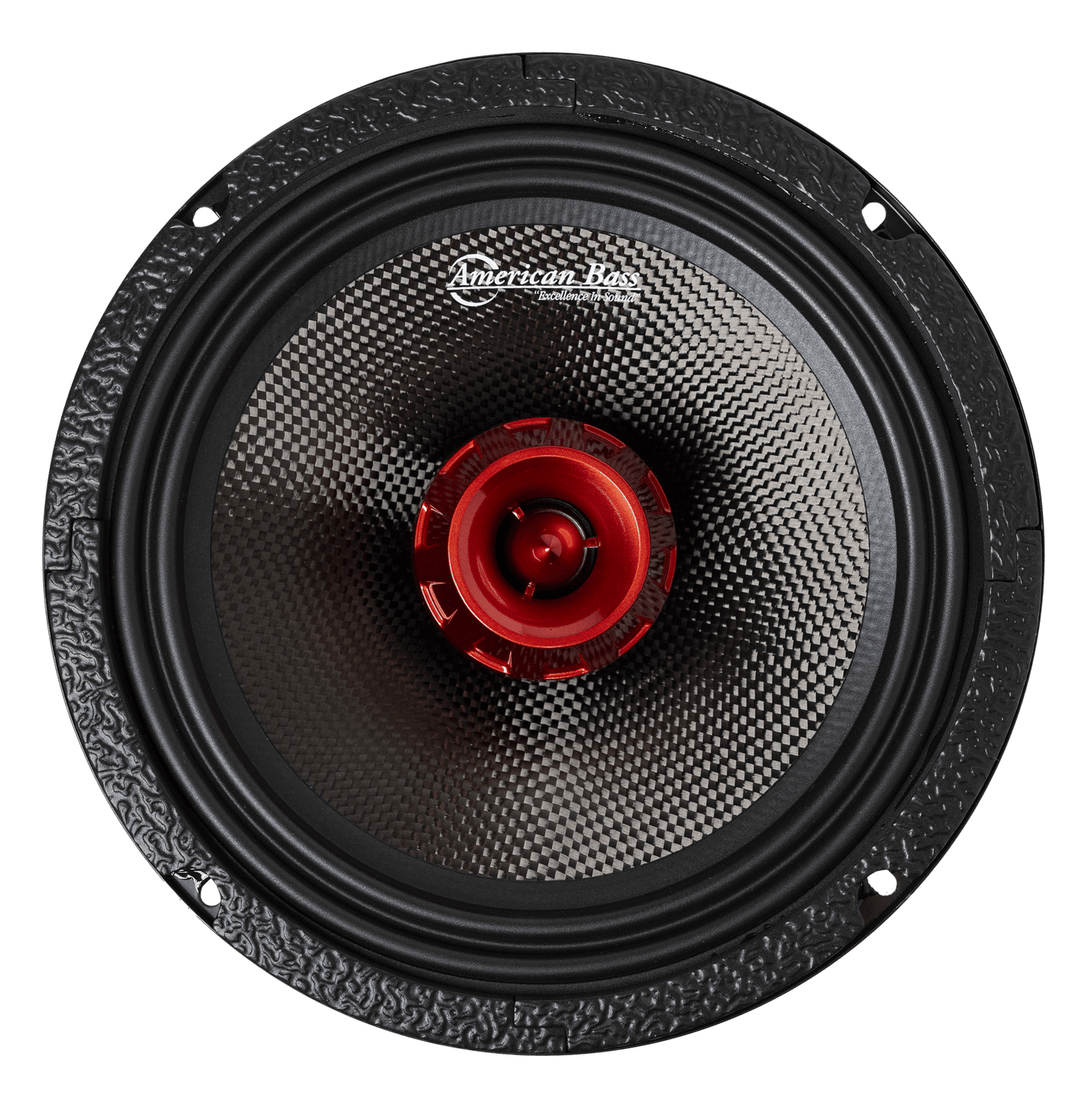 A close-up of the American Bass Biker Series 8" Midrange Speaker shows its textured black carbon fiber cone, red metallic center, and logo at the top. This speaker delivers 400W RMS power and features four mounting holes around the edge.