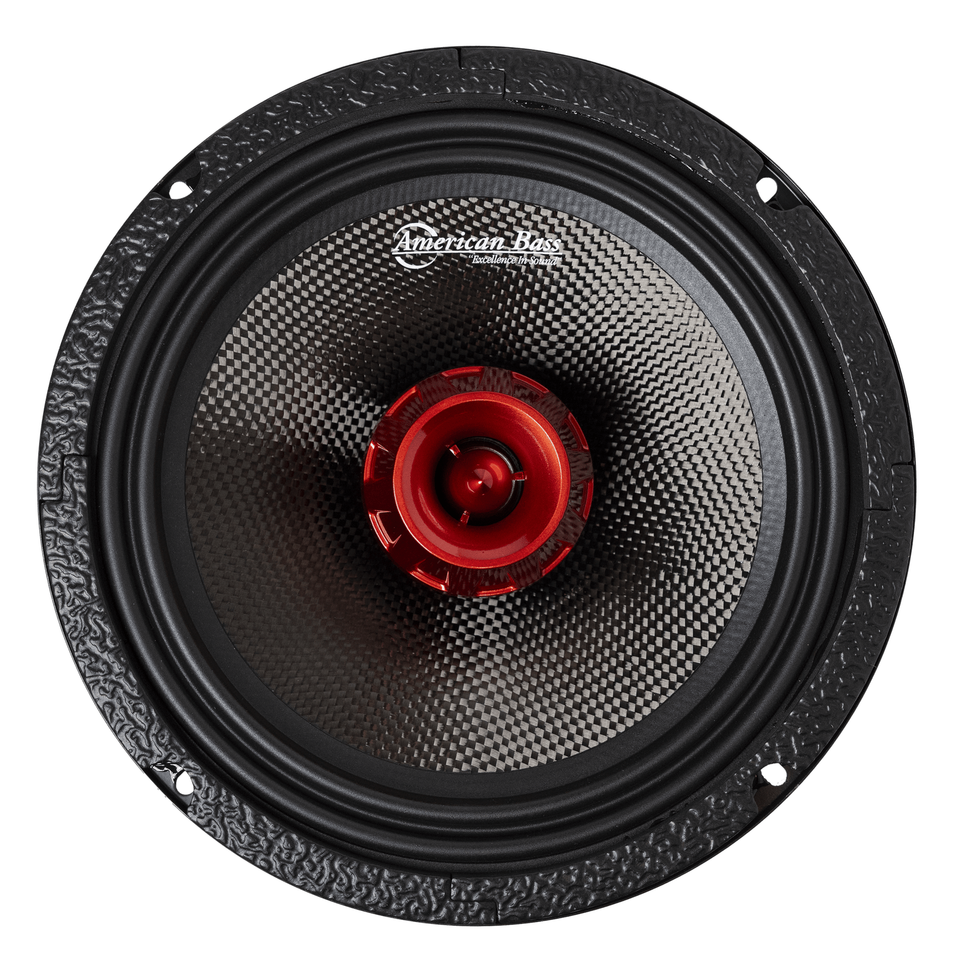 A close-up of the American Bass Biker Series 8" Midrange Speaker shows its textured black carbon fiber cone, red metallic center, and logo at the top. This speaker delivers 400W RMS power and features four mounting holes around the edge.