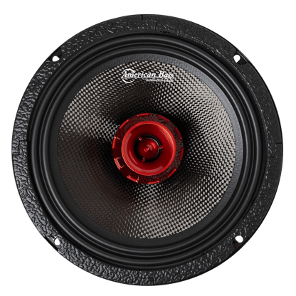 A close-up of the American Bass Biker Series 8" Midrange Speaker shows its textured black carbon fiber cone, red metallic center, and logo at the top. This speaker delivers 400W RMS power and features four mounting holes around the edge.