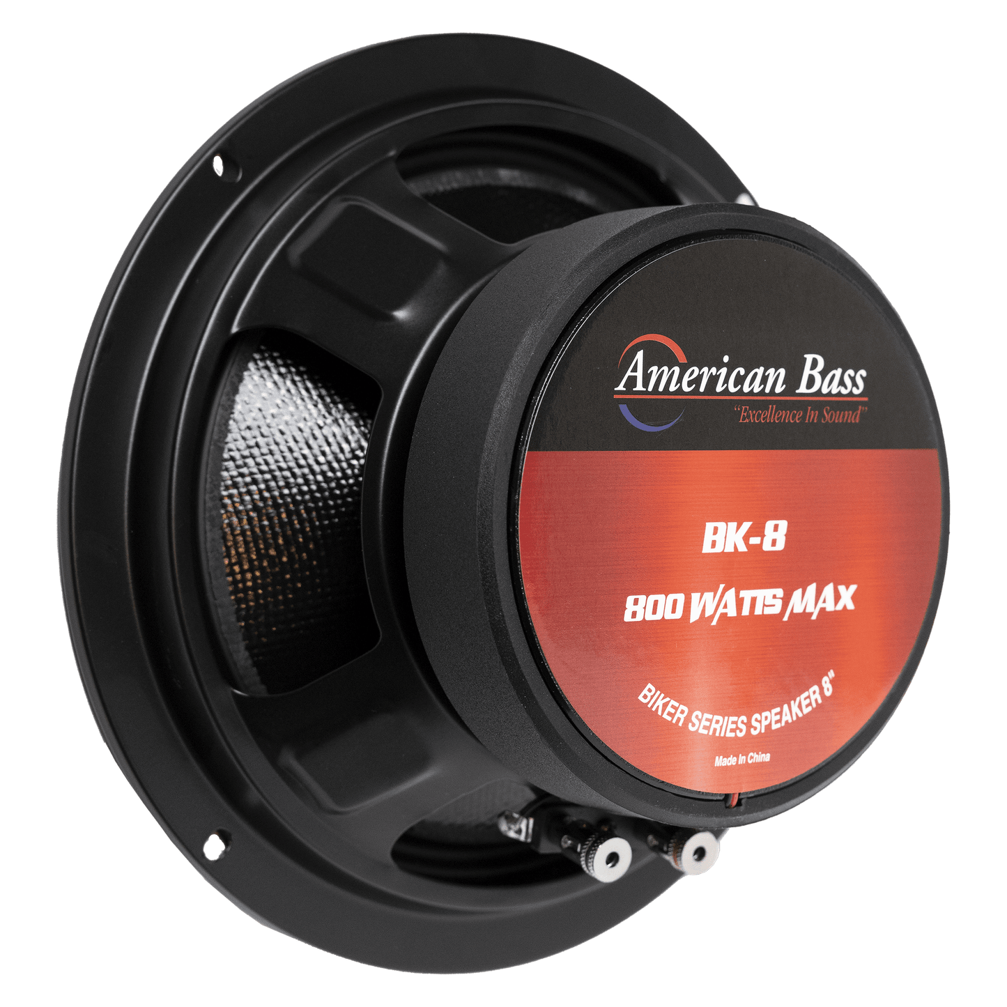 A black and red American Bass Audio Biker Series 8" Midrange Speaker (400 Watts) is shown against a white background—ideal for those seeking dynamic, high-performance car audio.