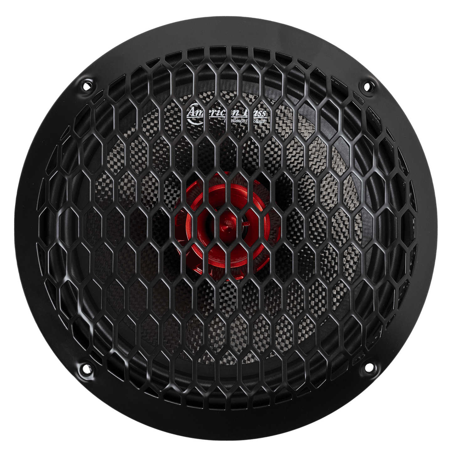 A close-up of the American Bass Audio Biker Series 8" Midrange Speaker (400 Watts) featuring a hexagonal mesh grille, red center, and four-screw mount—engineered for high-performance audio.