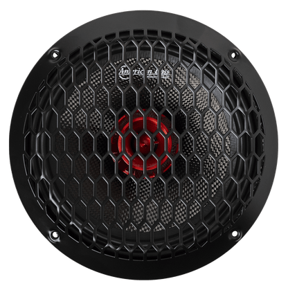 A close-up of the American Bass Audio Biker Series 8" Midrange Speaker (400 Watts) featuring a hexagonal mesh grille, red center, and four-screw mount—engineered for high-performance audio.