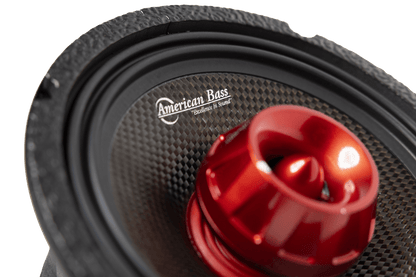 Close-up of the American Bass Audio Biker Series 8" Midrange Speaker (400 Watts) featuring a black textured cone, shiny red dome, logo, and “Excellence in Sound” tagline—delivering high-performance car audio.