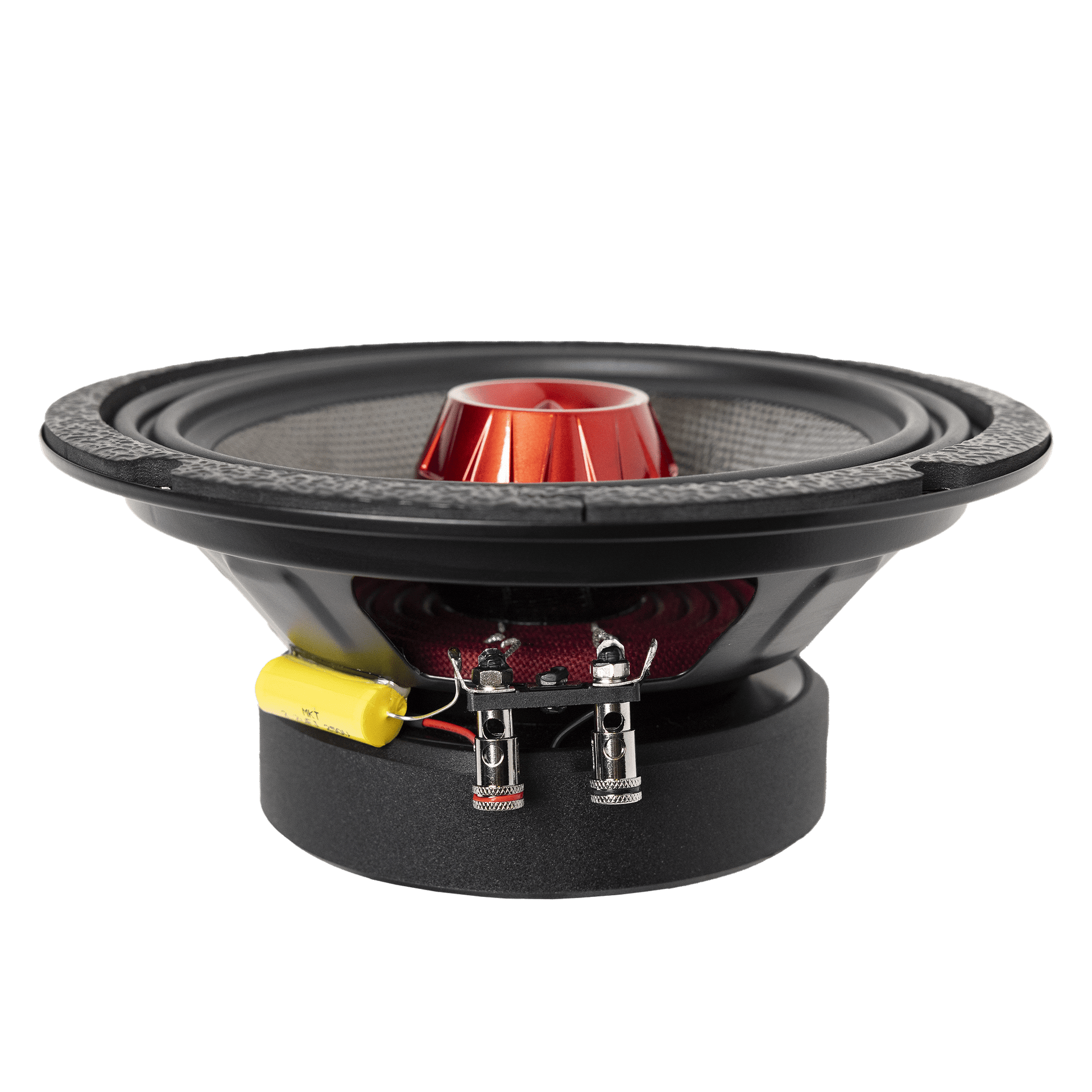 A close-up of the American Bass Audio Biker Series 8" Midrange Speaker (400 Watts) shows visible terminals and a yellow capacitor, designed for high-performance audio, photographed against a plain white background.