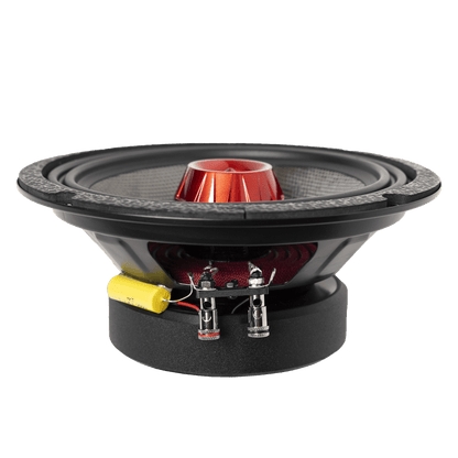 A close-up of the American Bass Audio Biker Series 8" Midrange Speaker (400 Watts) shows visible terminals and a yellow capacitor, designed for high-performance audio, photographed against a plain white background.