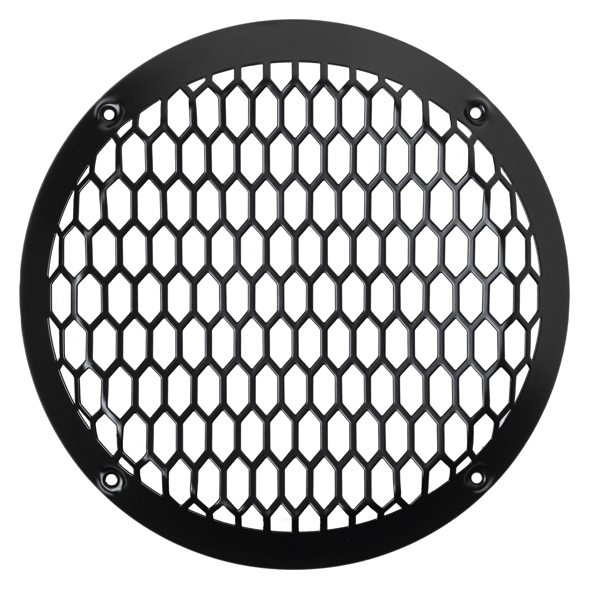 A black, circular metal grille with a hexagonal honeycomb design and four screw holes protects your American Bass Biker Series 8" Midrange Speaker (400 Watts), displayed against a white background.