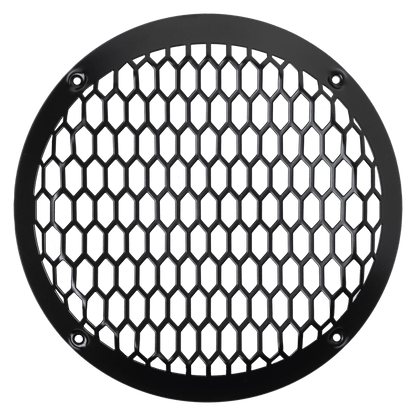 A black, circular metal grille with a hexagonal honeycomb design and four screw holes protects your American Bass Biker Series 8" Midrange Speaker (400 Watts), displayed against a white background.