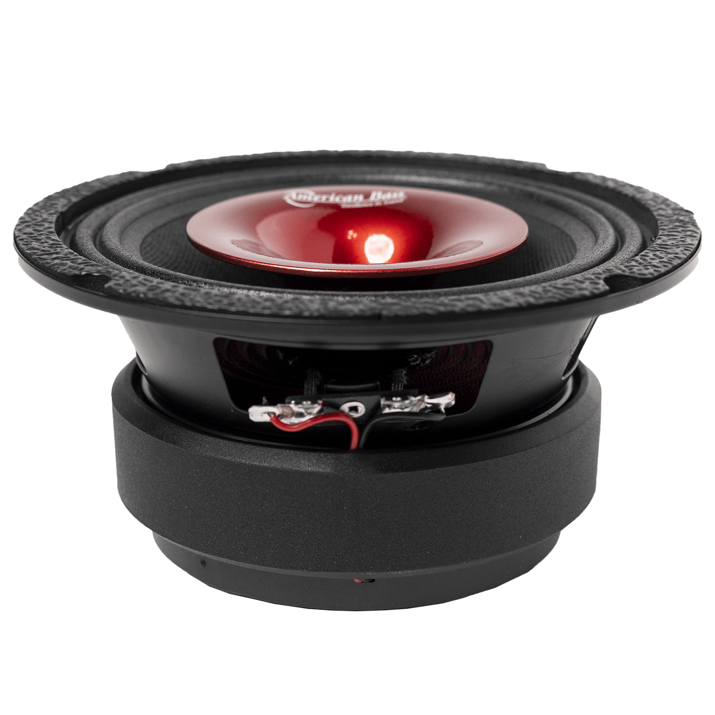 The American Bass Falcon Series 6.5" Midrange Speaker, a black and red 300-watt car audio speaker with a shiny red center, is shown on a plain white background.